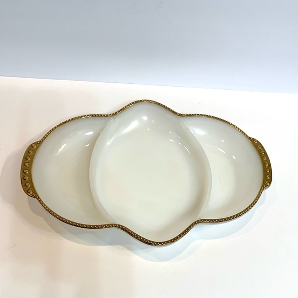 VTG 1960’s Fire King Milk Glass Dish / USA / Gold Trim Relish Cheese Candy Dish - Picture 2 of 5